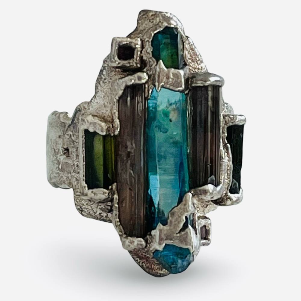Vintage C + R 99% Pure Silver Indicolite Pink and Green Tourmaline Ring Size 6